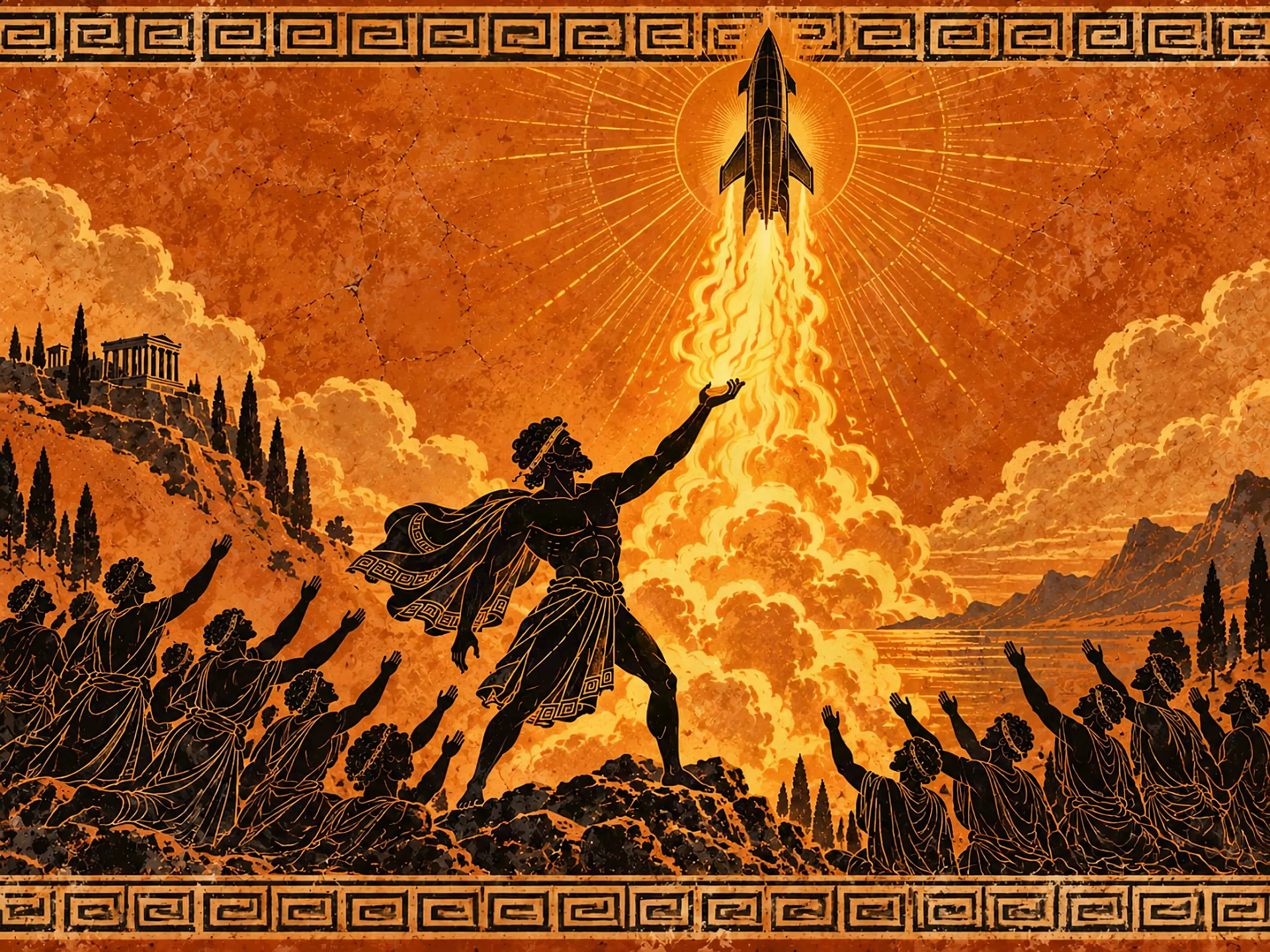 Black-figure panel: Prometheus raising fire as a rocket climbs above him