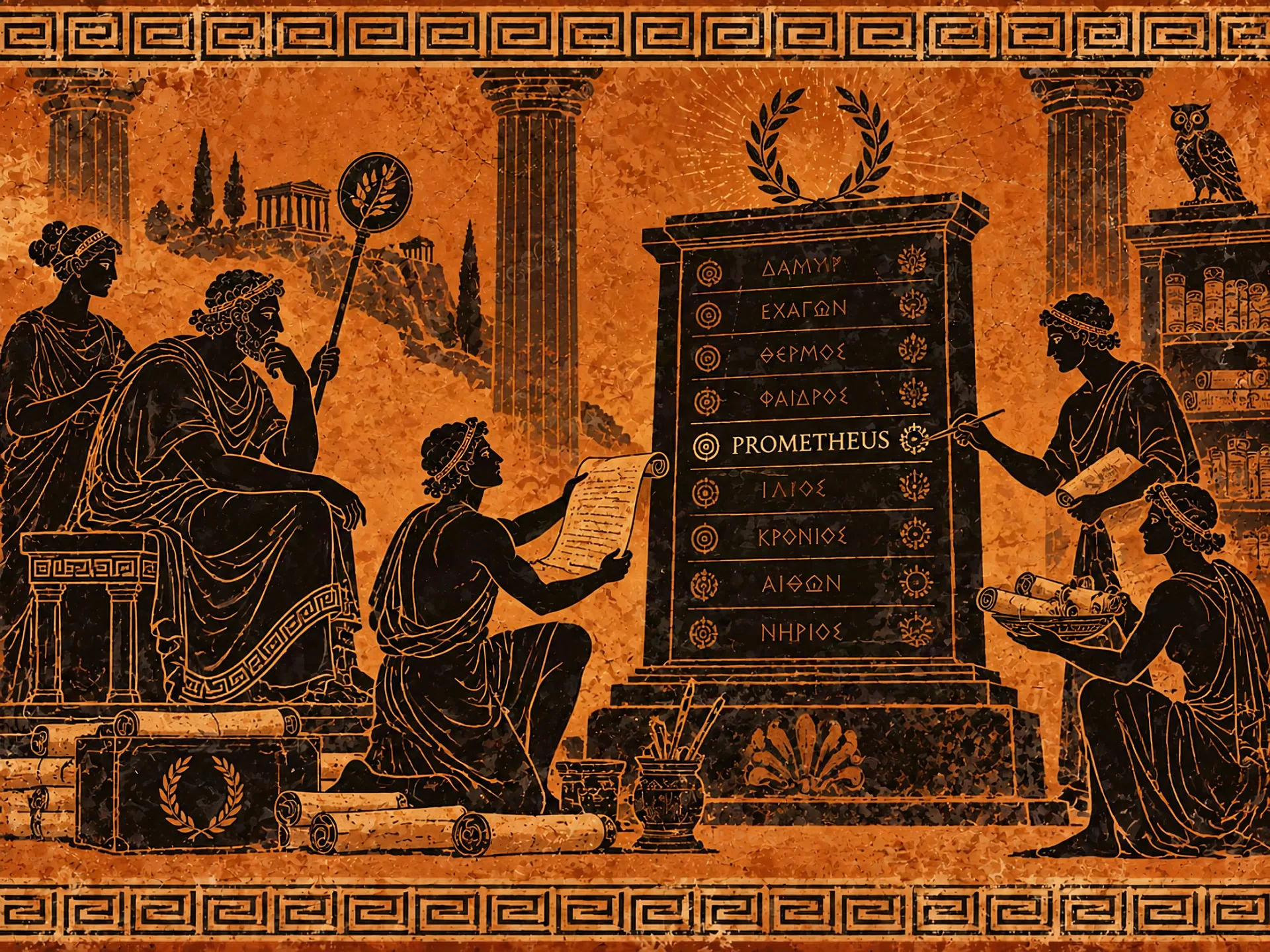Black-figure panel: the name PROMETHEUS inscribed on a list of names